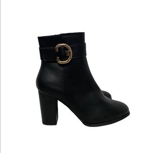 ASOS Relay Leather Block Heel Ankle Booties Black w/ Gold Buckle 5